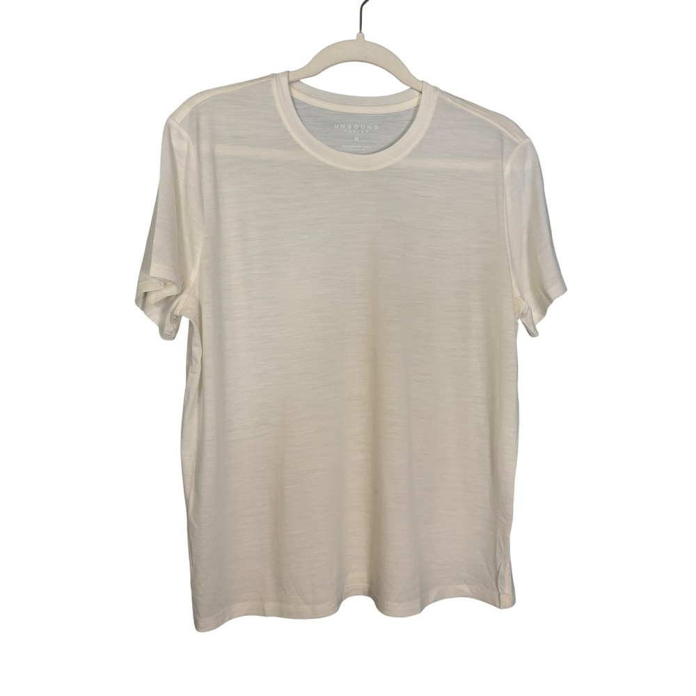 Unbound Mens Merino Wool Crewneck Short Sleeve T-Shirt Ivory White Size Medium